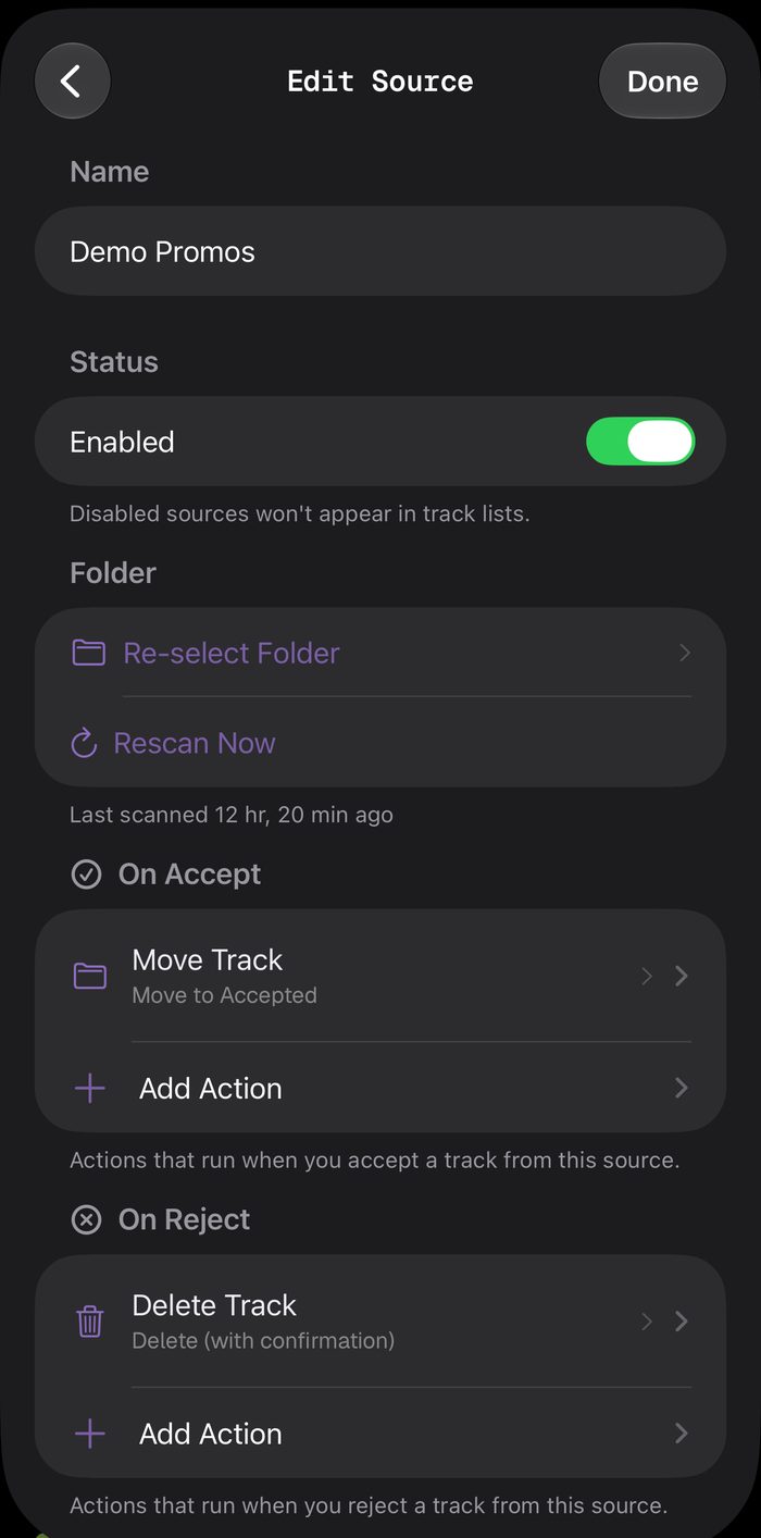 Editing a source on iPhone: a Move Track action on accept and a Delete Track action on reject