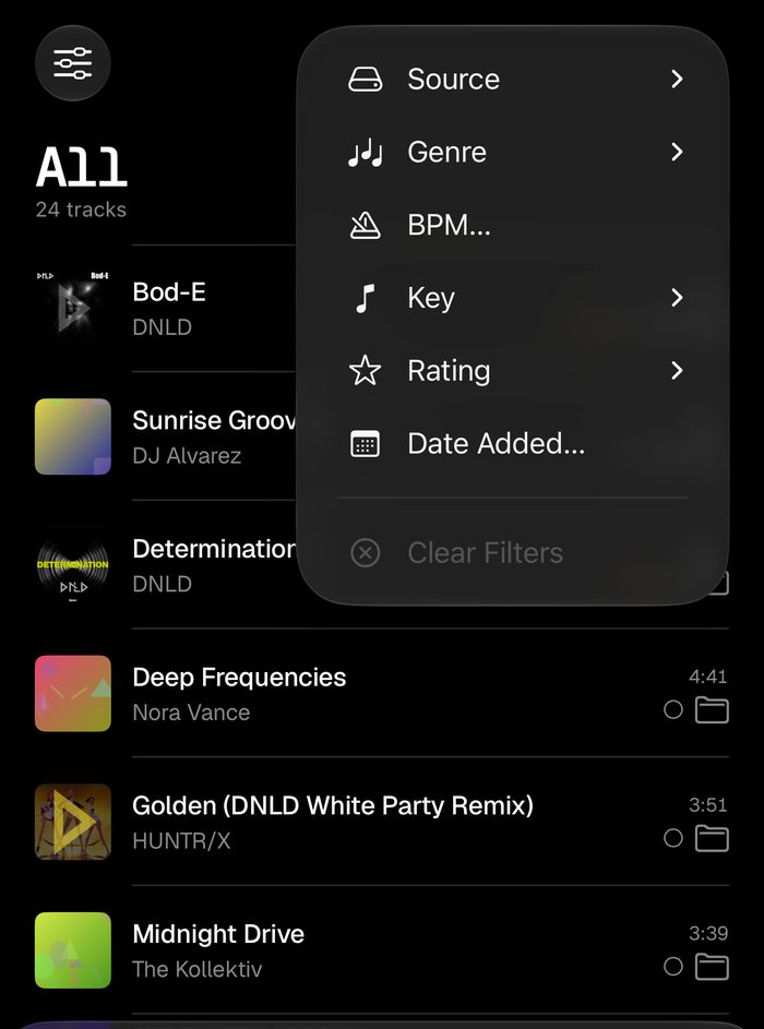 The filter menu on iPhone: source, genre, BPM, key, rating and date added