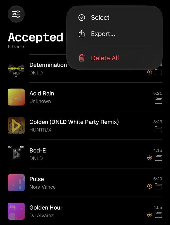 The Accepted list on iPhone, with starred tracks marked