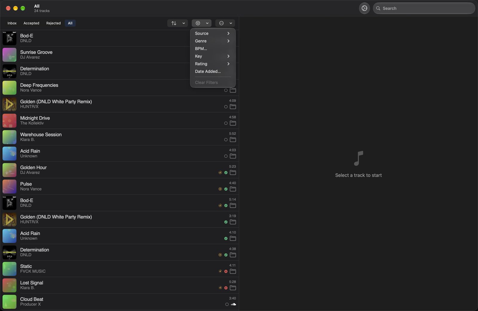 The filter menu above the list on Mac