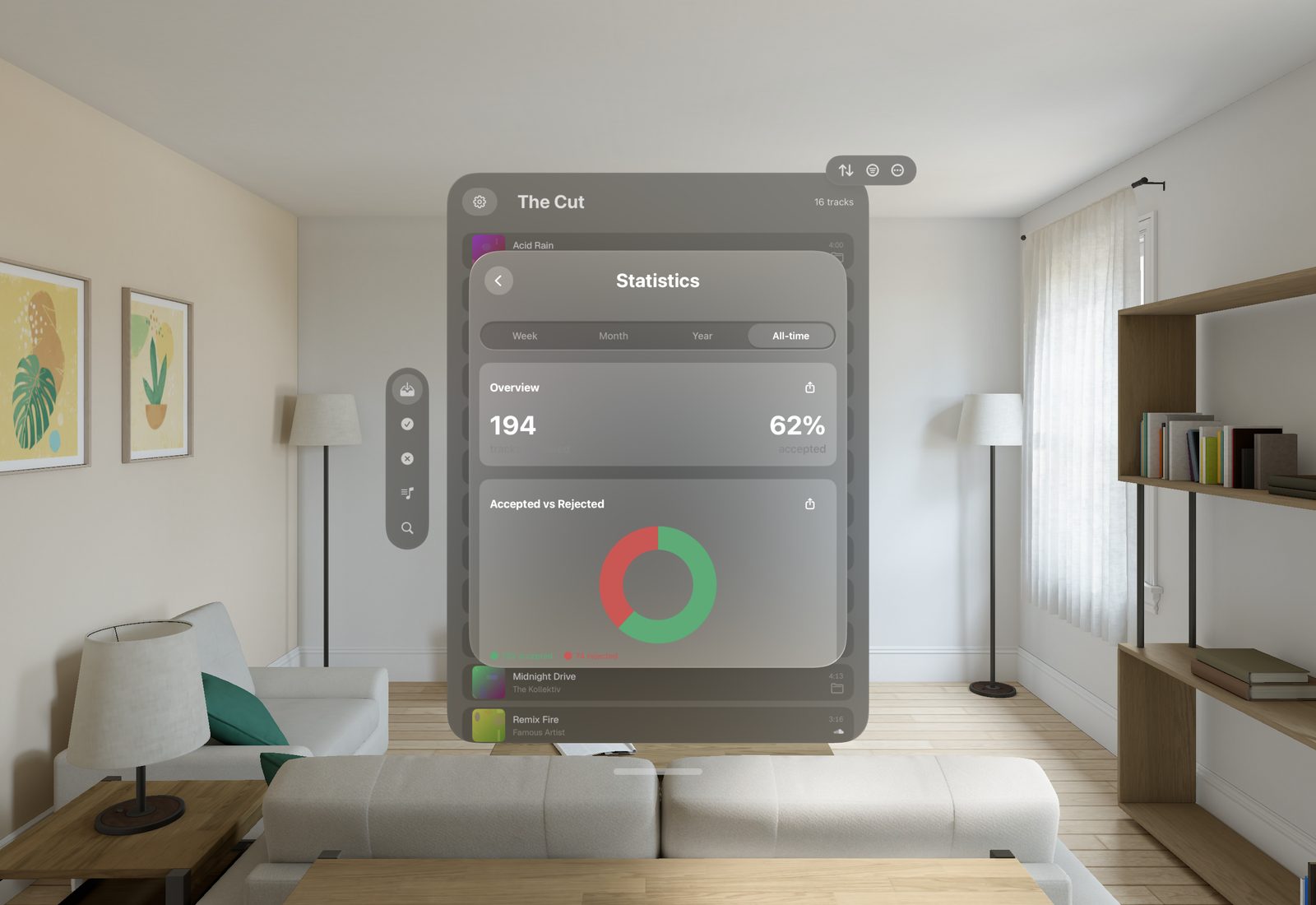 The statistics dashboard in a window on Apple Vision Pro