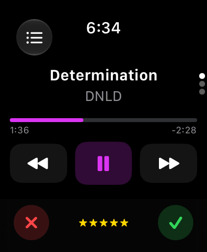 Now Playing on Apple Watch: progress, transport controls, star rating and the accept and reject buttons