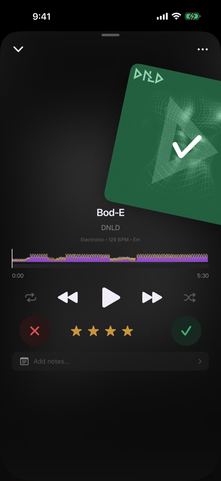 The Cut app — Swipe mechanic for screening tracks